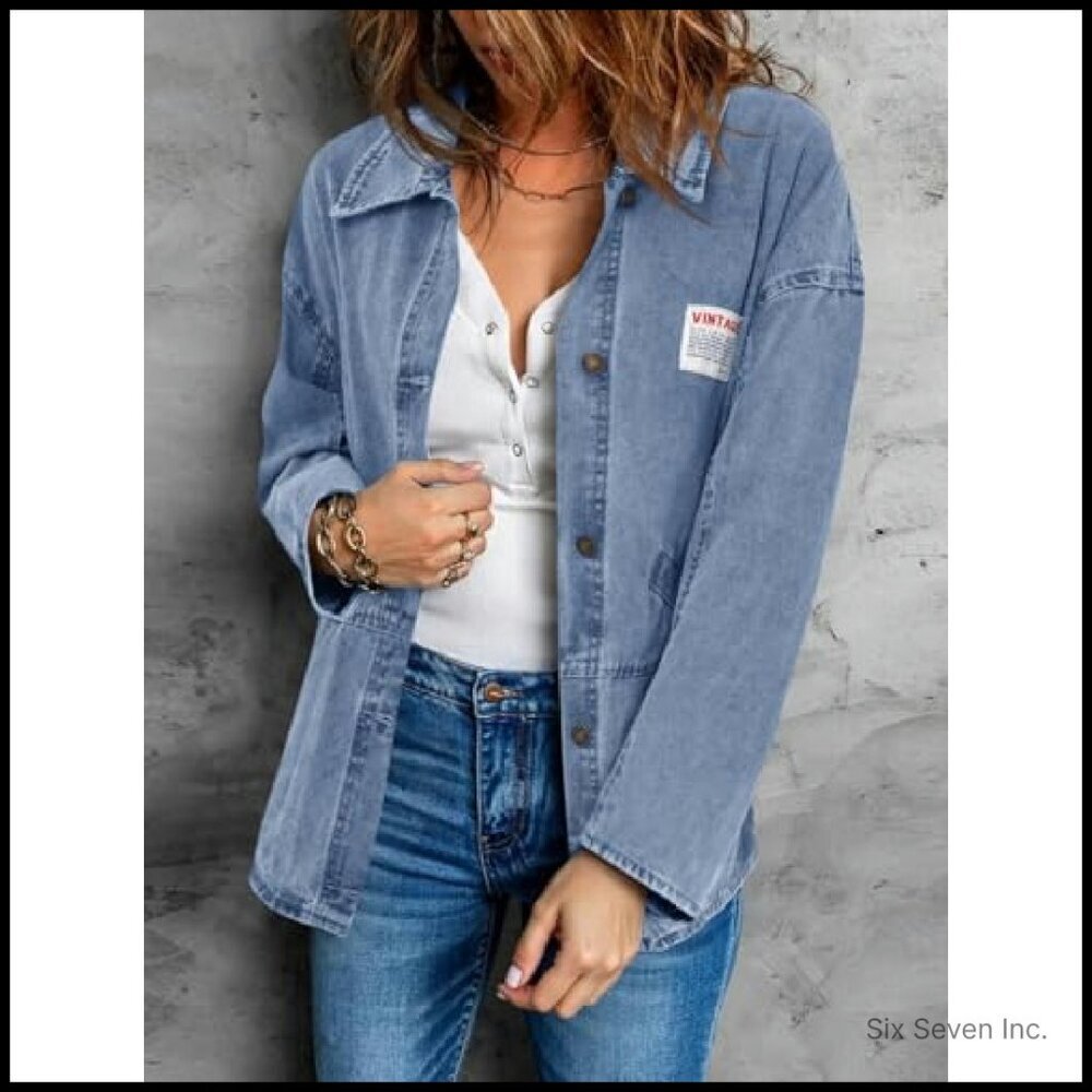 Oversized Denim Jacket Vintage Y2K Distressed Boyfriend Fit Utility Coat - Picture 4 of 8